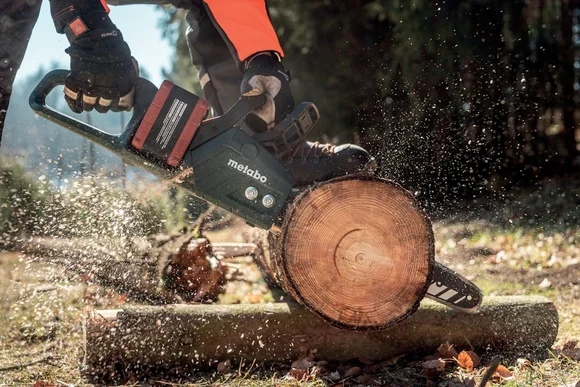 Person sägt mit Kettensäge Baumstamm